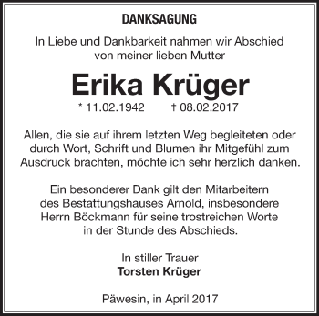 Traueranzeige von Erika Krüger von Märkische Oderzeitung