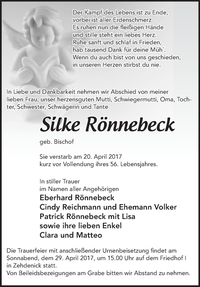  Traueranzeige für Silke Rönnebeck vom 26.04.2017 aus Märkische Oderzeitung