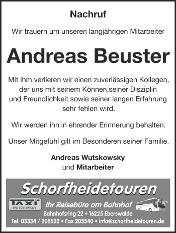 Traueranzeige von Andreas Beuster von Märkische Oderzeitung