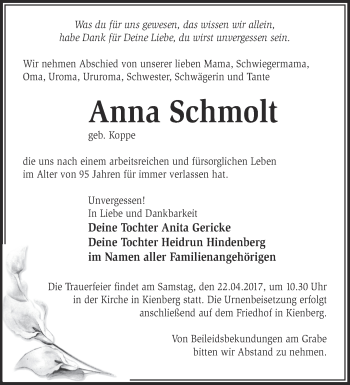 Traueranzeige von Anna Schmolt von Märkische Oderzeitung