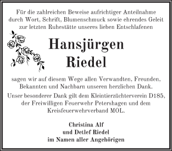 Traueranzeige von Hansjürgen Riedel von Märkische Oderzeitung