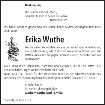 Traueranzeige von Erika Wuthe von Märkische Oderzeitung