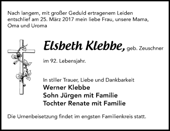 Traueranzeige von Elsbeth Klebbe von Märkische Oderzeitung