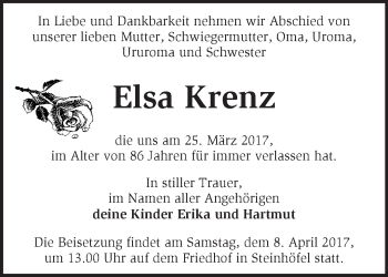 Traueranzeige von Elsa Krenz von Märkische Oderzeitung