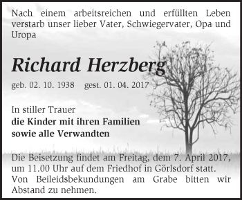 Traueranzeige von Richard Herzberg von Märkische Oderzeitung