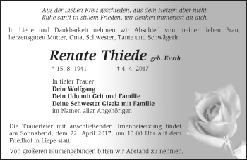 Traueranzeige von Renate Thiede von Märkische Oderzeitung