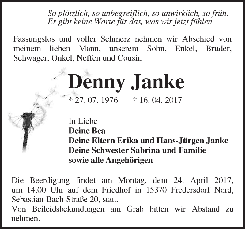  Traueranzeige für Denny Janke vom 21.04.2017 aus Märkische Oderzeitung
