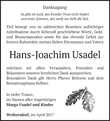 Traueranzeige von Hans-Joachim Usadel von Märkische Oderzeitung