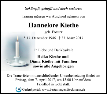 Traueranzeige von Hannelore Kiethe von Märkische Oderzeitung