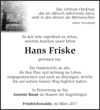 Traueranzeige von Hans Friske von Märkische Oderzeitung