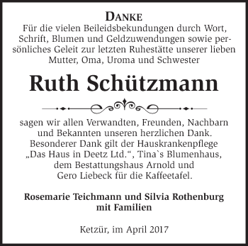 Traueranzeige von Ruth Schützmann von Märkische Oderzeitung