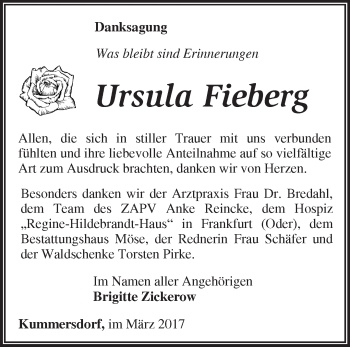 Traueranzeige von Ursula Fieberg von Märkische Oderzeitung