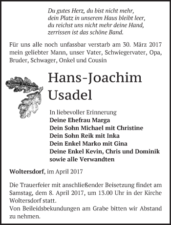 Traueranzeige von Hans-Joachim Usadel von Märkische Oderzeitung