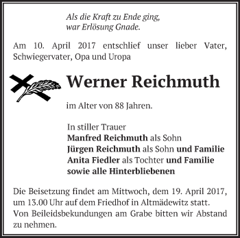 Traueranzeige von Werner Reichmuth von Märkische Oderzeitung