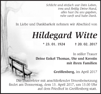 Traueranzeige von Hildegard Witte von Märkische Oderzeitung