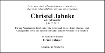 Traueranzeige von Christel Jahnke von Märkische Oderzeitung