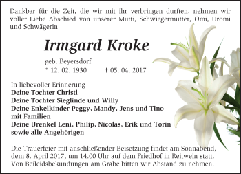 Traueranzeige von Irmgard Kroke von Märkische Oderzeitung