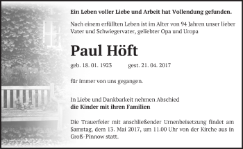 Traueranzeige von Paul Hört von Märkische Oderzeitung