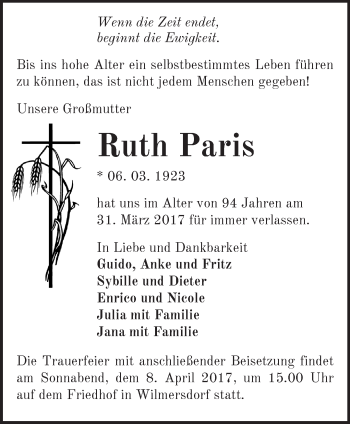 Traueranzeige von Ruth Paris von Märkische Oderzeitung