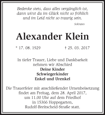 Traueranzeige von Alexander Klein von Märkische Oderzeitung