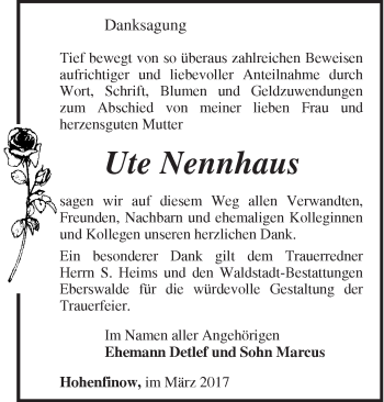 Traueranzeige von Ute Nennhaus von Märkische Oderzeitung