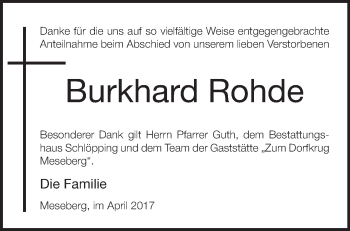 Traueranzeige von Burkhard Rohde von Märkische Oderzeitung