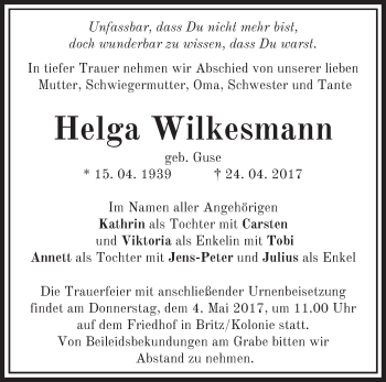 Traueranzeige von Helga Wilkesmann von Märkische Oderzeitung