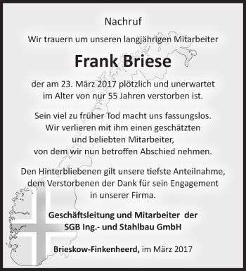 Traueranzeige von Frank Briese von Märkische Oderzeitung