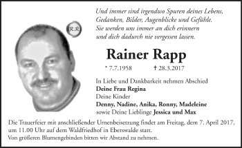 Traueranzeige von Rainer Rapp von Märkische Oderzeitung