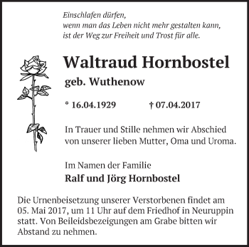 Traueranzeige von Waltraud Hornbostel von Märkische Oderzeitung