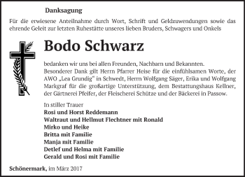 Traueranzeige von Bodo Schwarz von Märkische Oderzeitung