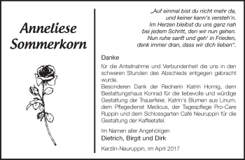 Traueranzeige von Anneliese Sommerkorn von Märkische Oderzeitung