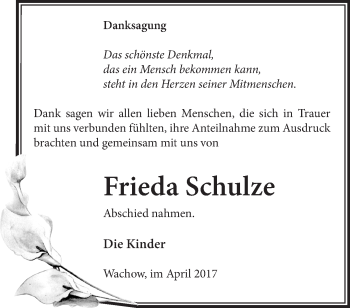 Traueranzeige von Frieda Schulze von Märkische Oderzeitung