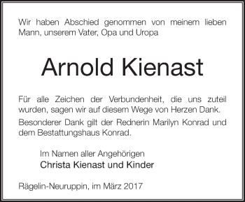 Traueranzeige von Arnold Kienast von Märkische Oderzeitung