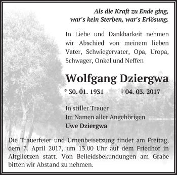 Traueranzeige von Wolfgang Dziergwa von Märkische Oderzeitung