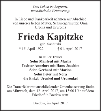 Traueranzeige von Frieda Kapitzke von Märkische Oderzeitung