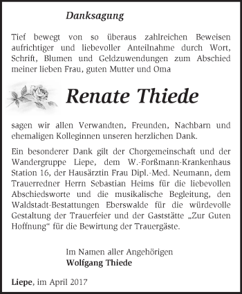 Traueranzeige von Renate Thiede von Märkische Oderzeitung