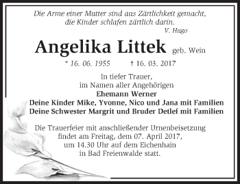 Traueranzeige von Angelika Littek von Märkische Oderzeitung