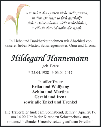 Traueranzeige von Hildegard Hannemann von Märkische Oderzeitung