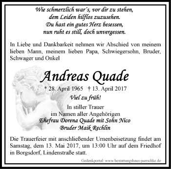 Traueranzeige von Andreas Quade von Märkische Oderzeitung