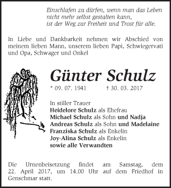 Traueranzeige von Günter Schulz von Märkische Oderzeitung