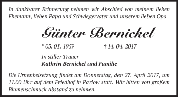 Traueranzeige von Günter Bernickel von Märkische Oderzeitung