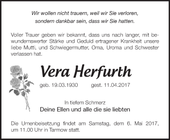 Traueranzeige von Vera Herfurth von Märkische Oderzeitung