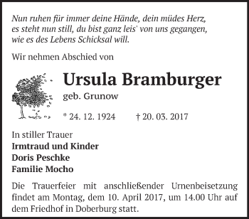 Traueranzeige von Ursula Bramburger von Märkische Oderzeitung