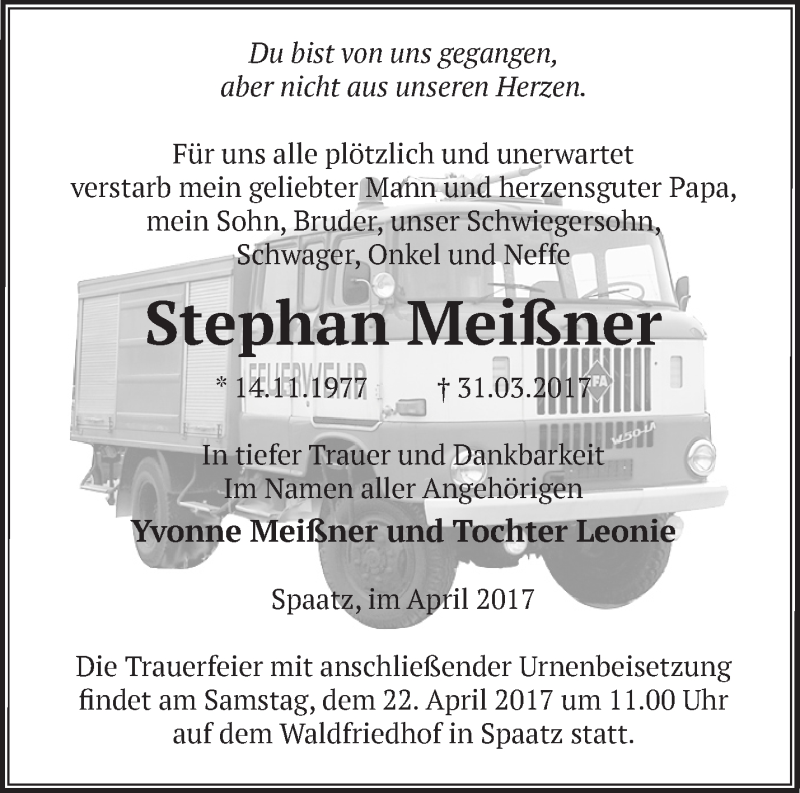  Traueranzeige für Stephan Meißner vom 09.04.2017 aus Märkische Oderzeitung