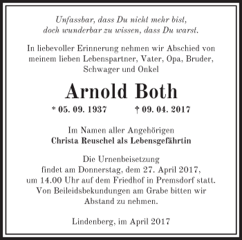 Traueranzeige von Arnold Both von Märkische Oderzeitung