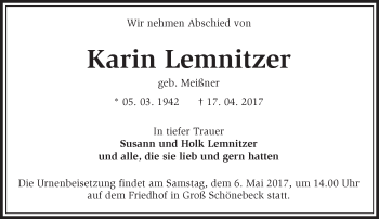 Traueranzeige von Karin Lemnitzer von Märkische Oderzeitung