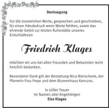 Traueranzeige von Friedrich Klages von Märkische Oderzeitung