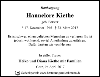 Traueranzeige von Hannelore Kiethe von Märkische Oderzeitung