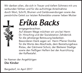 Traueranzeige von Erika Backs von Märkische Oderzeitung